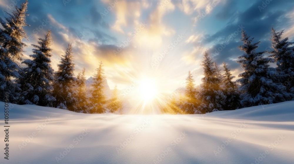 The sun shines brightly through clouds, illuminating a snow-covered landscape Trees stand out in the foreground against a backdrop of snow-covered ground The sun shines brightly through clouds, illuminating a snow-covered landscape Trees stand out in the foreground against a backdrop of snow-covered ground