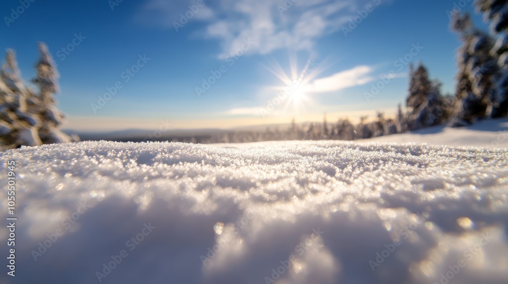 The sun brightly shines through clouds, illuminating a snow-covered field with pine trees in the foreground The sun brightly shines through clouds, illuminating a snow-covered field with pine trees in the foreground
