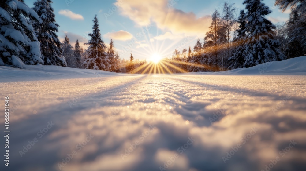 Naklejka premium The sun shines brightly through the trees in a snow-covered area