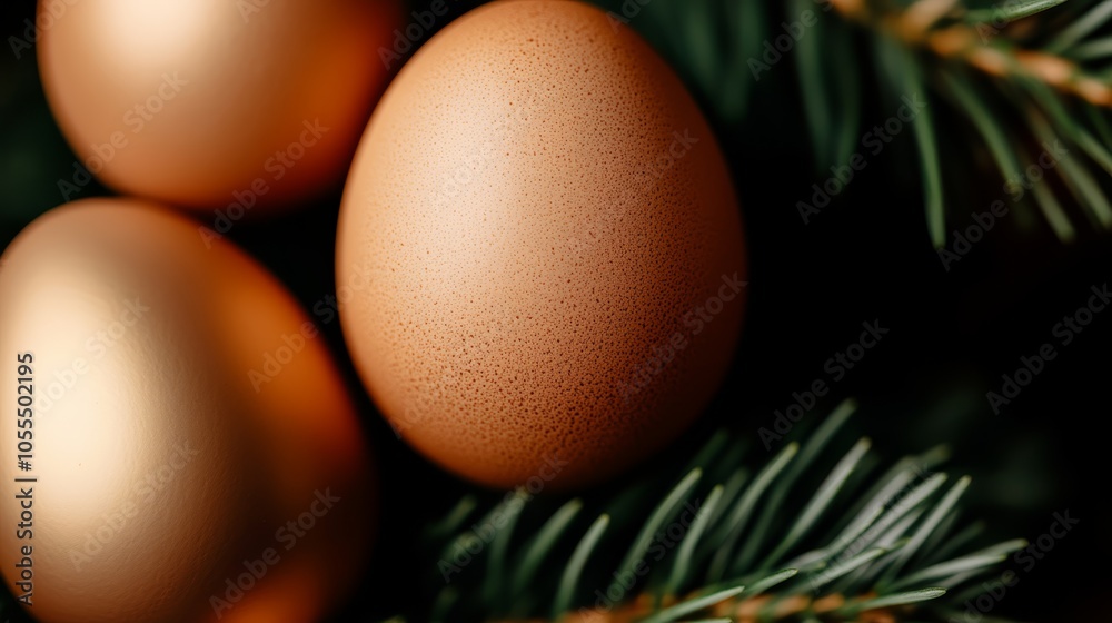 A collection of eggs atop a pine tree beside a protruding pine cone A collection of eggs atop a pine tree beside a protruding pine cone