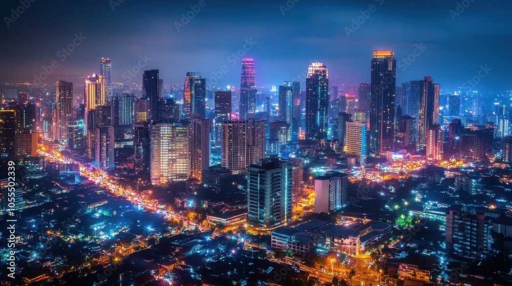 Obraz premium A bustling cityscape at night, skyscrapers illuminated by thousands of lights