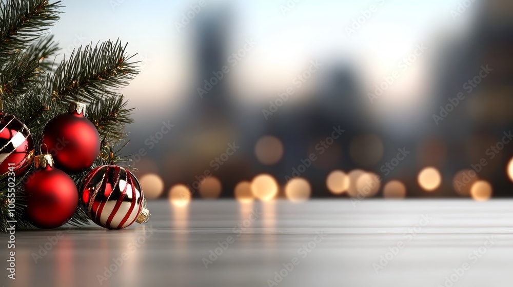 Fototapeta premium A tight shot of a Christmas tree, adorned with red and white ornaments, in front of a hazy urban landscape