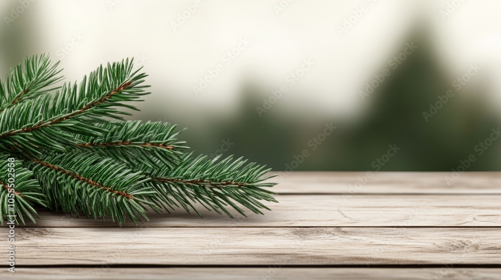 A tight shot of a pine tree branch against a wooden background Blurred pine trees distance A tight shot of a pine tree branch against a wooden background Blurred pine trees distance
