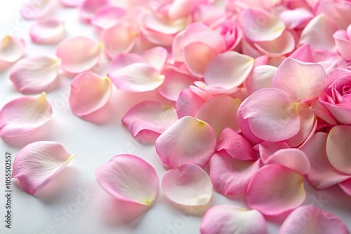 delicate pink rose petals scattered on a soft white background, gentle bloom, flower petals, botanical subject