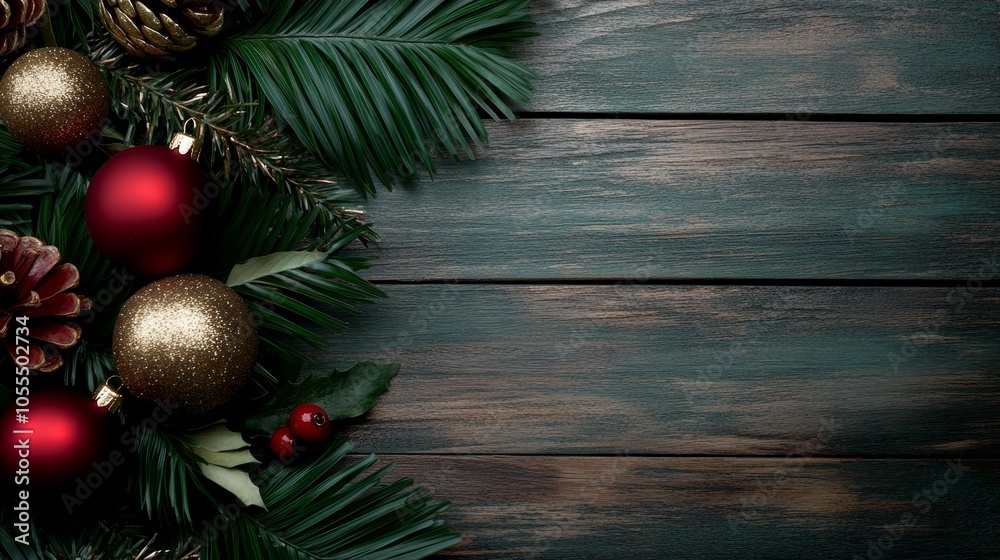 Christmas tree branch with ornaments and pine cones against a wooden backdrop Inscribe text or insert image here Christmas tree branch with ornaments and pine cones against a wooden backdrop Inscribe text or insert image here