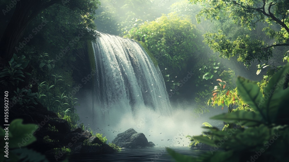 A powerful waterfall cascading down into a misty pool, surrounded by lush green foliage A powerful waterfall cascading down into a misty pool, surrounded by lush green foliage