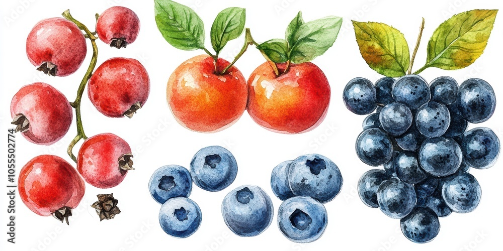 Watercolor painting of apples, berries, and grapes. Watercolor painting of apples, berries, and grapes.