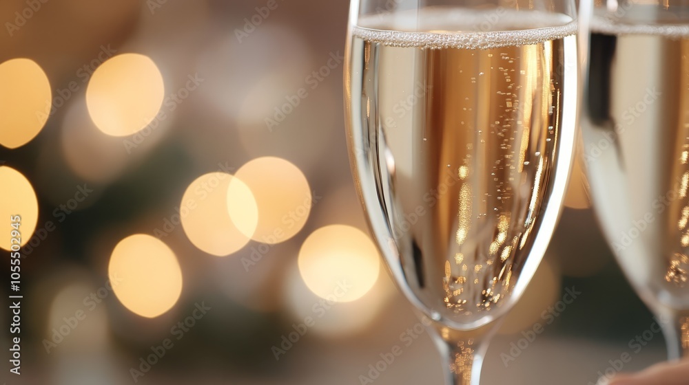 A tight shot of two champagne flutes against a backdrop of softly blurred lights and a smattering of bokeh A tight shot of two champagne flutes against a backdrop of softly blurred lights and a smattering of bokeh