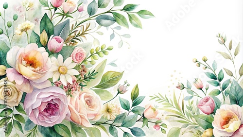 Delicate watercolor design featuring a mix of fresh flowers and foliage in soft hues, floral, garden, watercolor design, nature