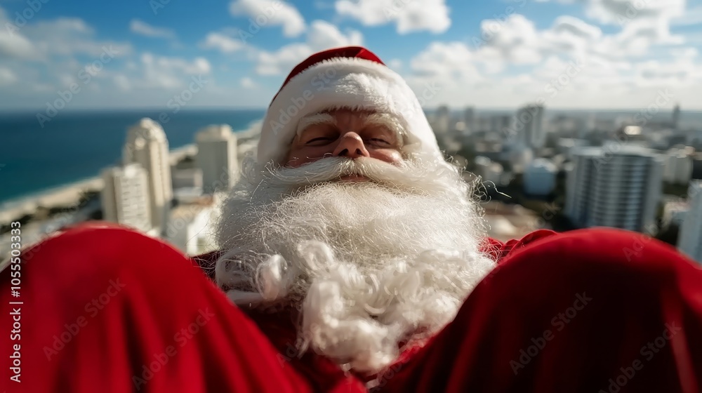 A tight shot of a bearded man in a Santa suit, with a cityscape behind them A tight shot of a bearded man in a Santa suit, with a cityscape behind them