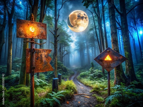 Night Photography of Rusty Metal Signs Indicating Right and Wrong Directions in a Mysterious Forest