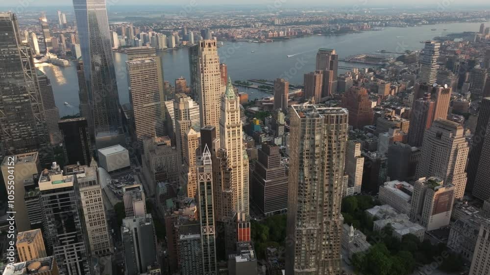 Aerial view of beautiful downtown skyline with modern skyscrapers and a river, New York City, United States.
