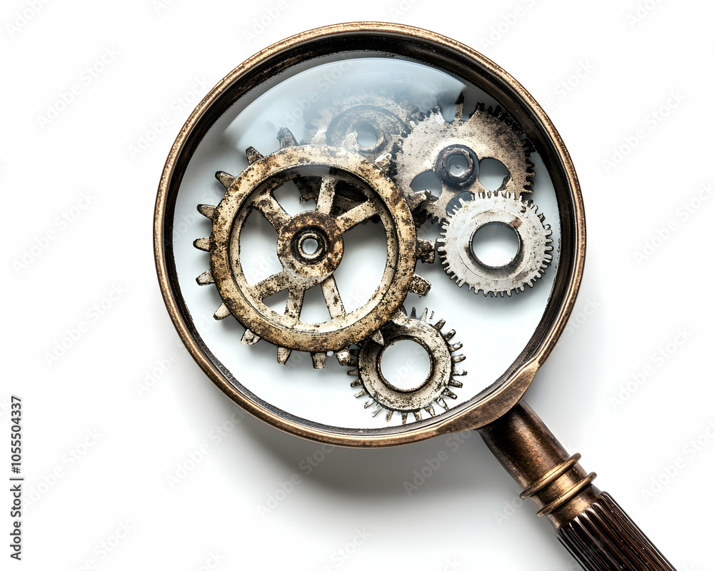 Magnifying Glass with Cogs Depicting Active Search Concept, Exploration Symbol, Isolated on white background Magnifying Glass with Cogs Depicting Active Search Concept, Exploration Symbol, Isolated on white background