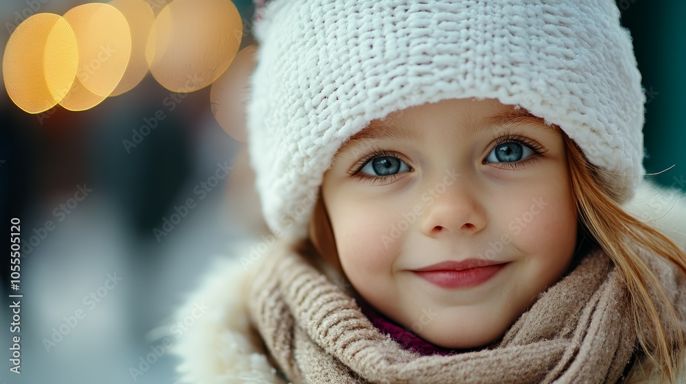  A little girl wears a white knitted hat and two scarves around her neck