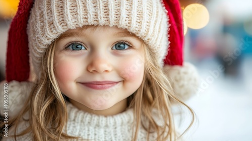  A little girl dons a red-and-white knit hat, adorned with a pom-pom in red atop