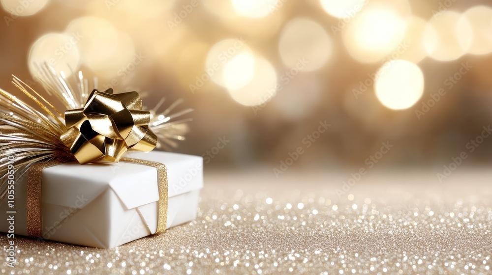 A white gift box, adorned with a golden ribbon and bow, sits atop a shiny surface Behind it, a bouquet of lights glows in the background A white gift box, adorned with a golden ribbon and bow, sits atop a shiny surface Behind it, a bouquet of lights glows in the background