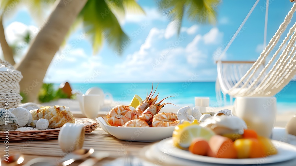 A private island resort villa with an uninterrupted ocean view, featuring an open-air living space with high-end tropical decor, and a seafood feast arranged on an elegantly set dining table.