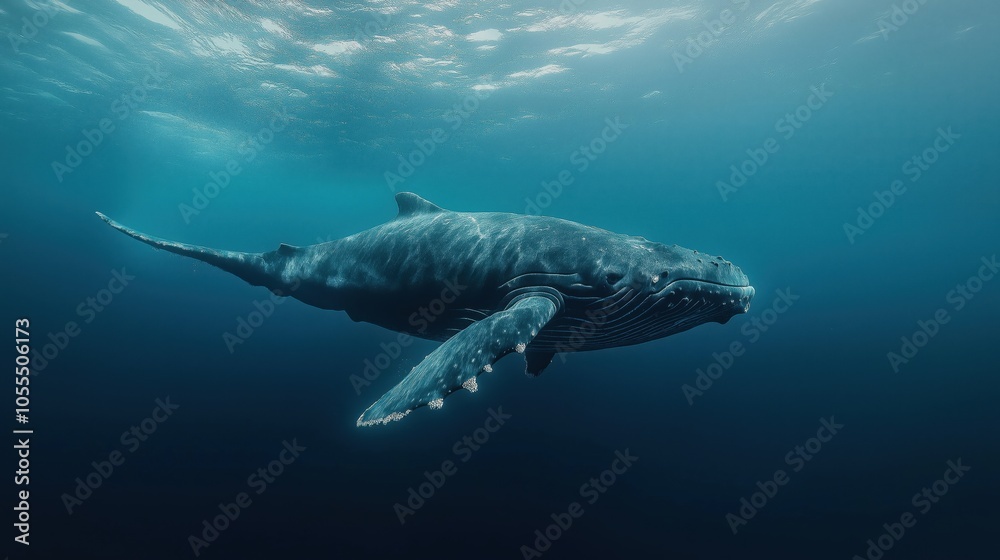 Fototapeta premium Underwater photograph of a humpback whale swimming in deep blue ocean water with visible sunlight penetrating the surface, showcasing marine wildlife.