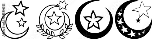 The image features various stylized crescent moon and star symbols, showcasing differing designs and colors, likely representing cultural or religious significance.