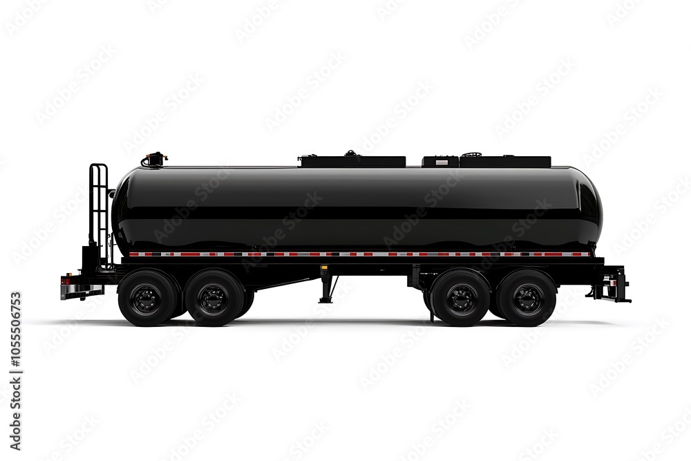 A black tanker truck designed for transporting liquids. A black tanker truck designed for transporting liquids.