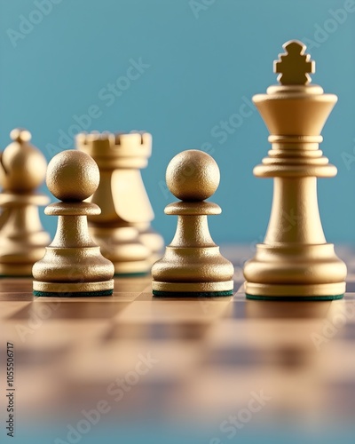 Close-up of golden chess pieces on a wooden board