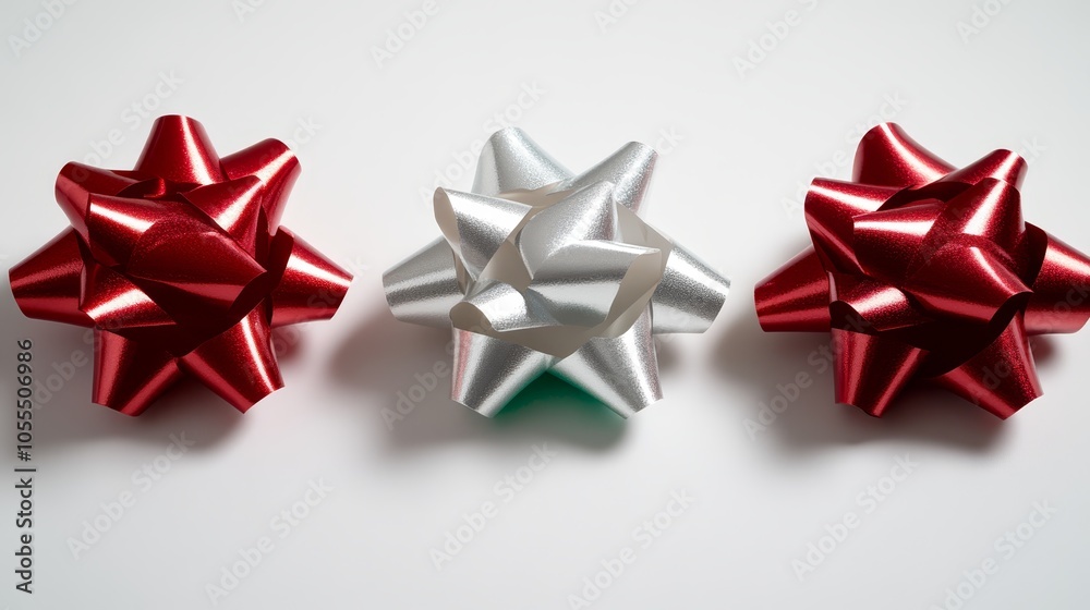 Three red and silver bows with distinct shapes and sizes rest on a white surface One sports a green tip, while the other similarly boasts a green tip Three red and silver bows with distinct shapes and sizes rest on a white surface One sports a green tip, while the other similarly boasts a green tip