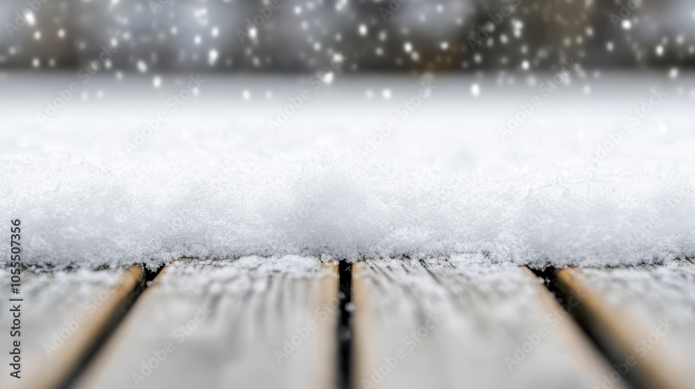 A tight shot of snow on a weathered wood, surrounded by a hazy backdrop of falling snowflakes A tight shot of snow on a weathered wood, surrounded by a hazy backdrop of falling snowflakes