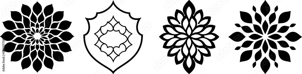 Abstract decorative patterns resembling snowflakes or floral designs, presented in a symmetrical layout against a dark background.