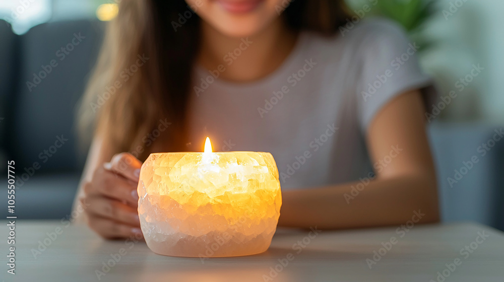 Meditative woman enjoying aromatic candle scent Meditative woman enjoying aromatic candle scent