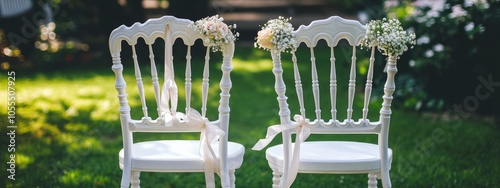 Elegant White Wooden Chairs Decorated with Flowers and Ribbons for Outdoor Wedding Ceremony