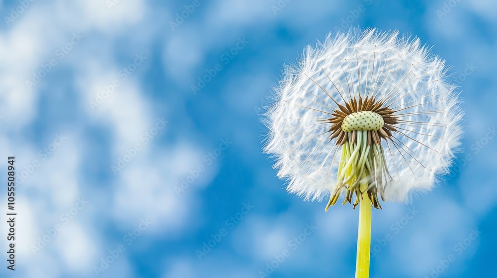 A dandelion drifts in the wind against a backdrop of a blue sky adorned with white clouds A dandelion drifts in the wind against a backdrop of a blue sky adorned with white clouds