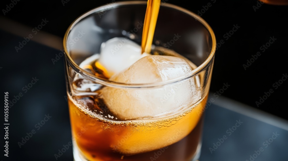  A tight shot of a drink in a glass, filled with ice cubes, and a straw protruding from the rim