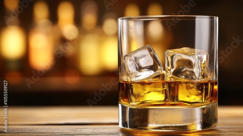  A glass of whiskey on ice against a backdrop of blurred liquor bottles, resting on a wooden table