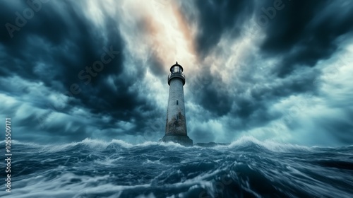  A lighthouse in the midst of a large body of water, surrounded by choppy waves Above it, a cloudy sky looms Alternatively, a lighthouse standing solo photo