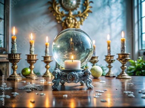 Pale Green Tint Crystal Ball on a Mystical Altar for Spiritual Guidance and Divination