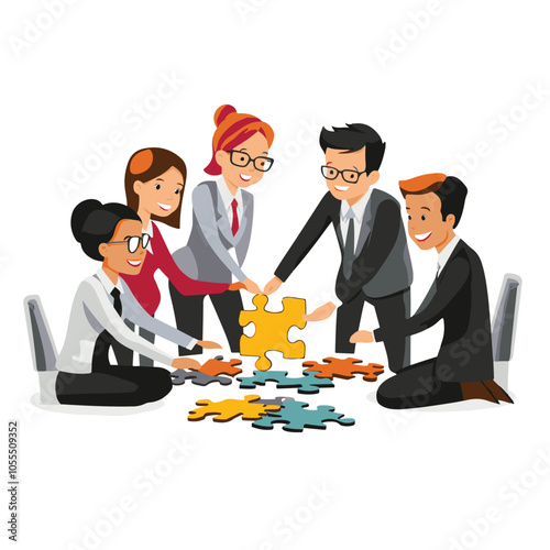 Business team working together to assemble a jigsaw puzzle