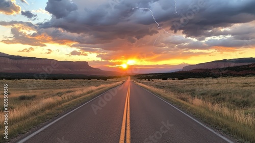  The sun sets over a road in a field, its horizon dotted with mountains in the backdrop