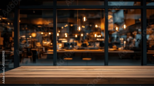 Blurred background of a cozy cafe or restaurant seen through glass windows with warm ambient lighting and a wooden surface in the foreground.