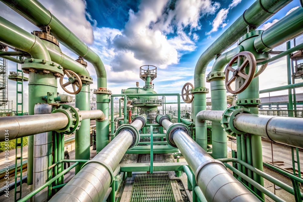 Panoramic View of Industrial Pipes and Valves System for Engineering and Maintenance Applications