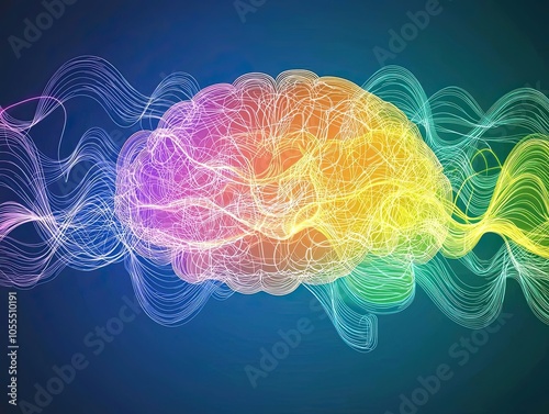 Artistic depiction of brain waves and goal icons, mindsetfocused, successoriented, neon color scheme photo