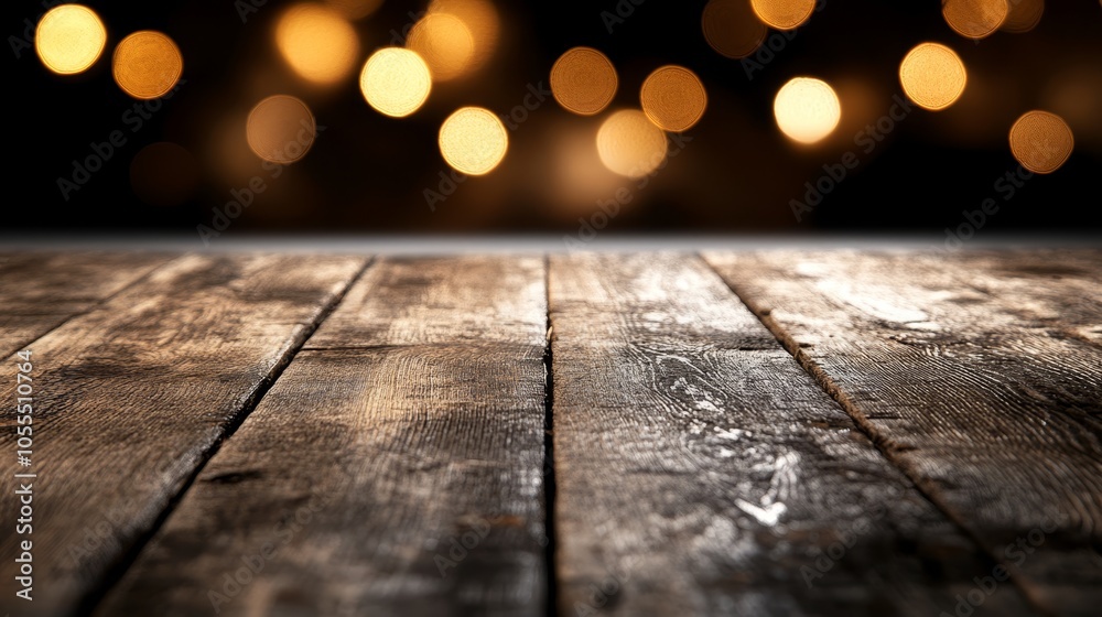 A close-up of a wooden table with a blurred background of bokeh lights A close-up of a wooden table with a blurred background of bokeh lights