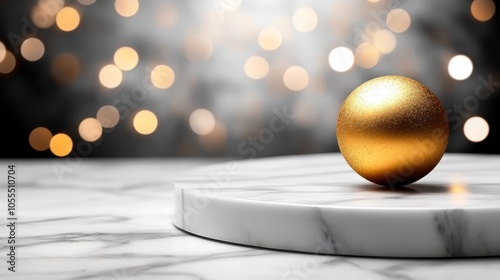  A golden sphere atop a white marble counter, next to a shiniest backdrop of lights photo