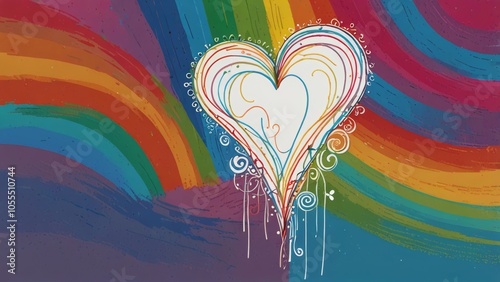 A vibrant background with a hand drawn heart on a rainbow background. The colorful and cheerful design captures the essence of love and positivity.