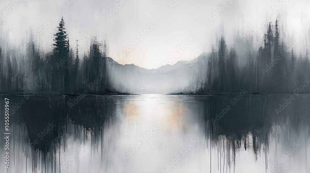 Fototapeta premium Tranquil Misty Mountain Reflection Scene
