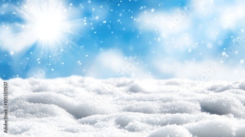  A bright blue sky dotted with white clouds and a radiant star at its center, snowflakes gently falling to the ground