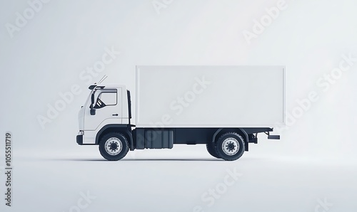 A side view of a plain white delivery truck on a minimalistic background.