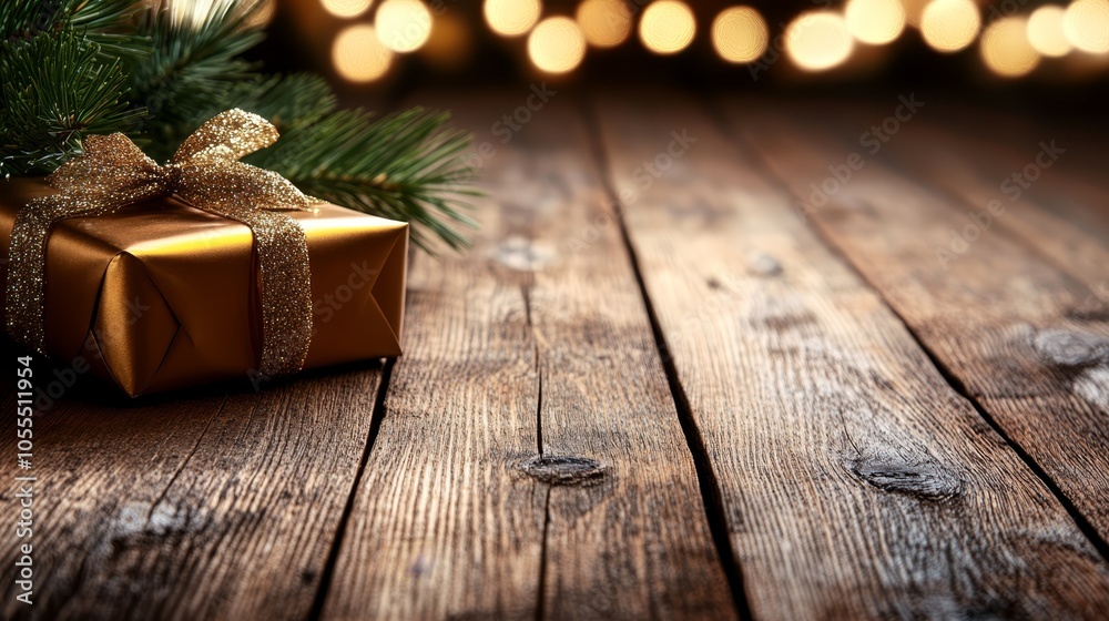A Christmas present, adorned with a gold bow, sits atop a wooden table near a gleaming Christmas tree A Christmas present, adorned with a gold bow, sits atop a wooden table near a gleaming Christmas tree