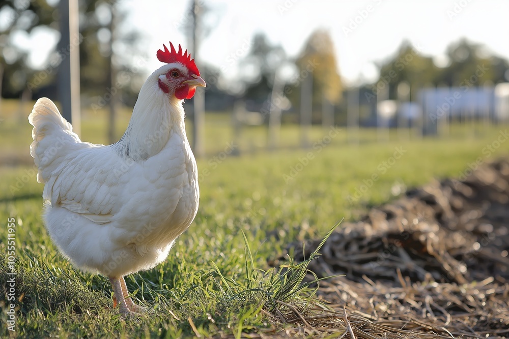 Fototapeta premium A white chicken peacefully roaming through sunlit farm surroundings with natural landscapes.
