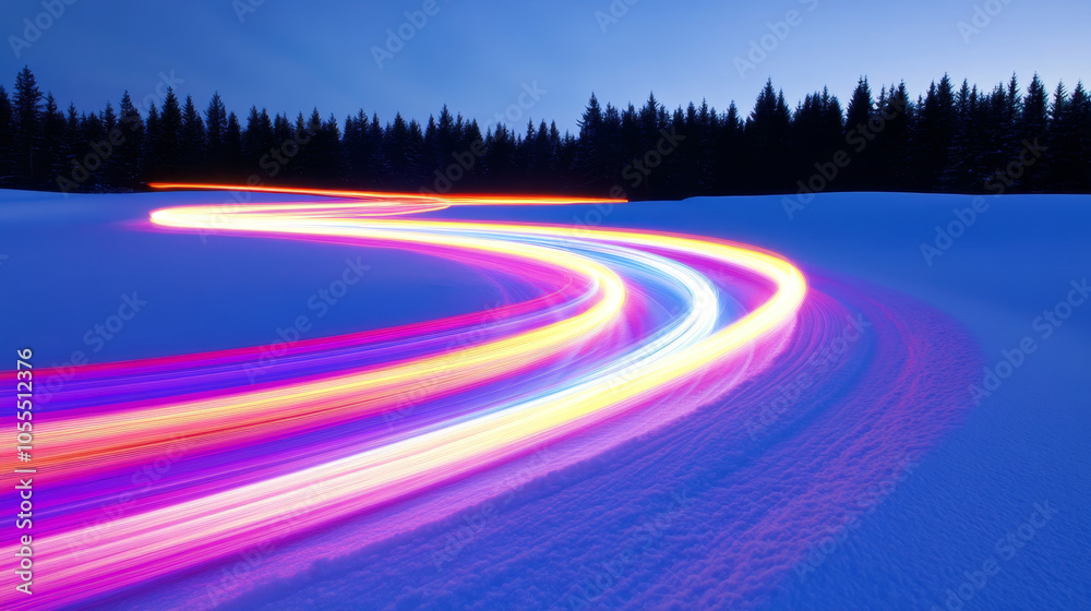 Dynamic motion light trails in vibrant holiday colors across snowy landscape create mesmerizing scene. colorful lights contrast beautifully with serene winter setting Dynamic motion light trails in vibrant holiday colors across snowy landscape create mesmerizing scene. colorful lights contrast beautifully with serene winter setting