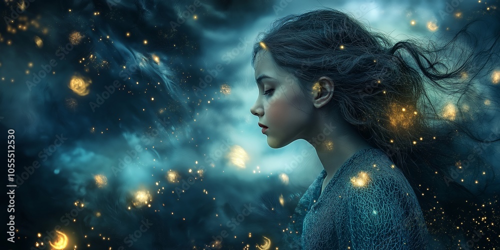 A young woman bathed in warm lights, surrounded by radiant glowing stars, embodying dreams and wonder. A young woman bathed in warm lights, surrounded by radiant glowing stars, embodying dreams and wonder.